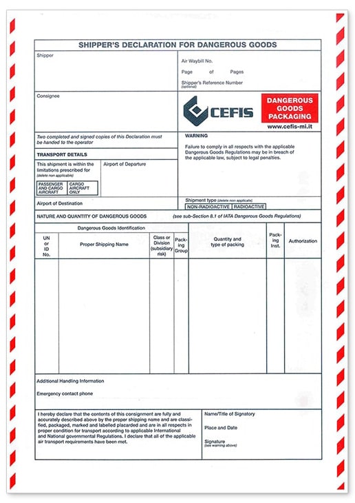 Modulo IATA shipper's declaration da compilare valido fino al 31 dicembre 2024. Puoi anche richiedere il nostro servizio Cefis DG FORMS di compilazione della Shipper's declaration con eventuale firma conto terzi Modulo IATA shipper's declaration da compilare valido fino al 31 dicembre 2024. Puoi anche richiedere il nostro servizio Cefis DG FORMS di compilazione della Shipper's declaration con eventuale firma conto terzi
