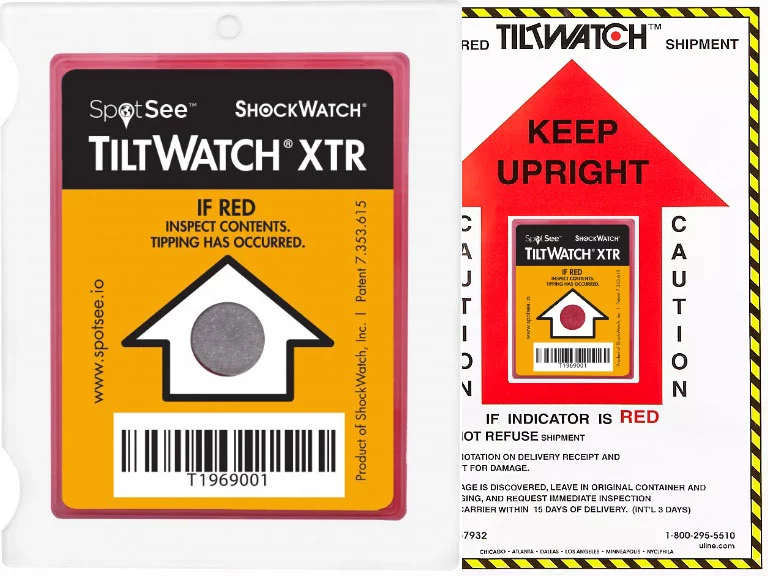 Tiltwatch: indicatori di inclinazione per imballaggio. Rivelano se il collo è stato inclinato o capovolto.