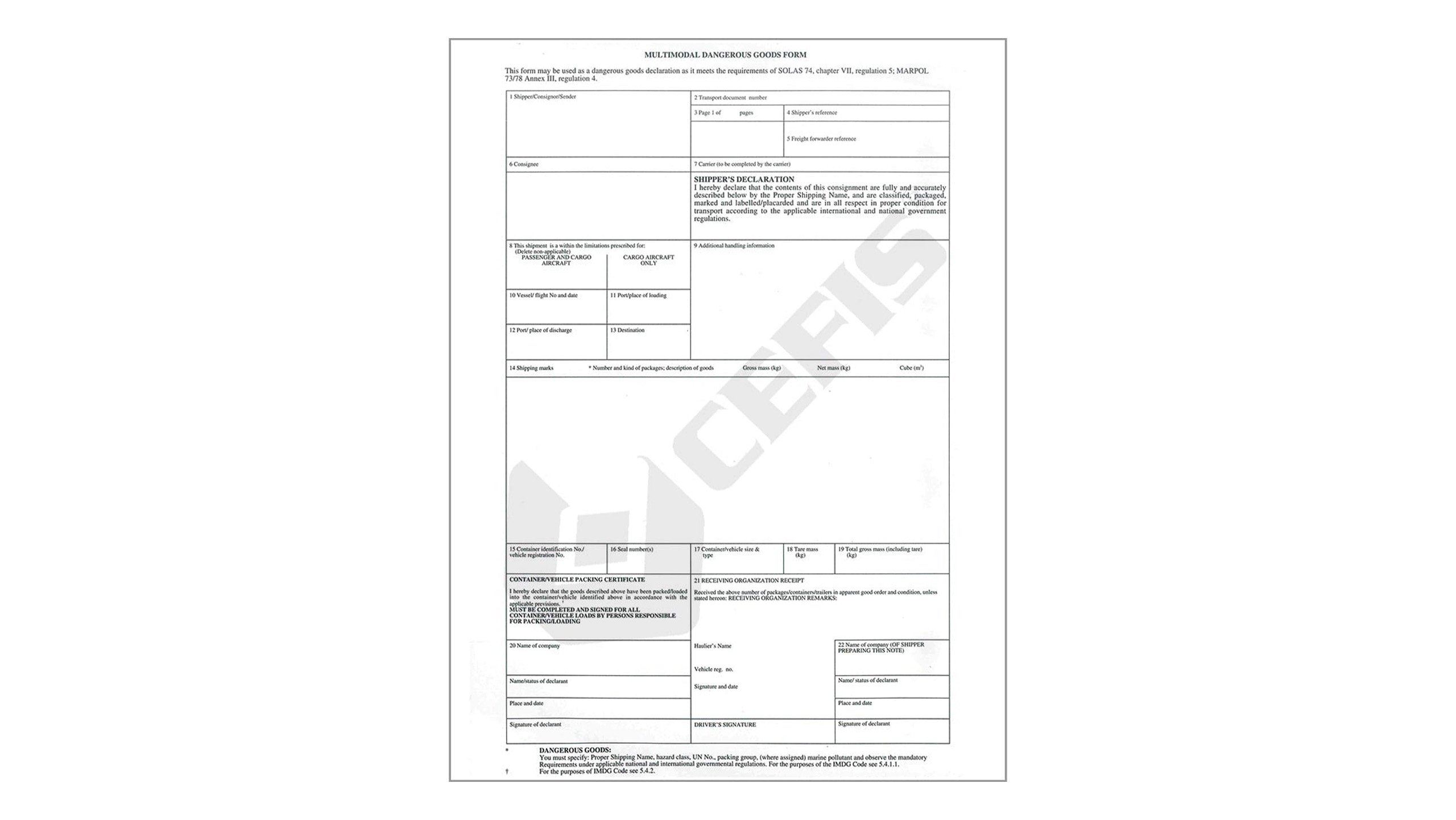 Modulo Imo Multimodal Dangerous Goods Form compilabile conforme al Regolamento Imo Imdg.