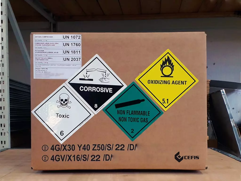 etichette per imballaggio, etichette merci pericolose e indicatori, per l'imballaggio di merci pericolose Adr, Iaco Iata, Imo Imdg, Adn, Rid.