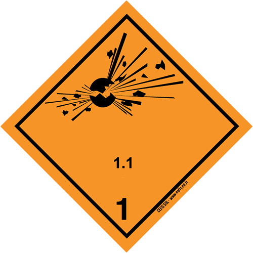 Etichette classe 1 divisione 1.1 e pannelli (classe 1.1) per imballaggio di esplosivi. Etichette per imballaggio, pannelli, indicatori, marcature per tutti gli imballaggi anche Adr, Iata, Imo, Adn, Rid.