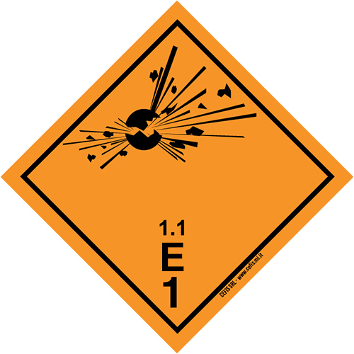 Etichette classe 1 divisione 1.1 E e pannelli (classe 1.1 E) per imballaggio di esplosivi. Etichette per imballaggio, pannelli, indicatori, marcature per tutti gli imballaggi anche Adr, Iata, Imo, Adn, Rid.