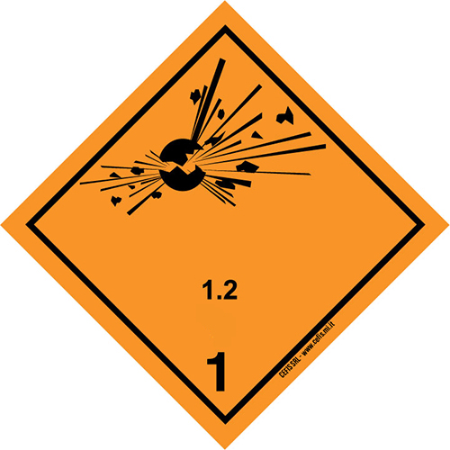 Etichette classe 1 divisione 1.2 e pannelli (classe 1.2) per imballaggio di esplosivi. Etichette per imballaggio, pannelli, indicatori, marcature per tutti gli imballaggi anche Adr, Iata, Imo, Adn, Rid.