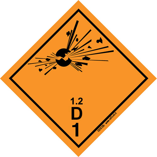 Etichette classe 1 divisione 1.2 D e pannelli (classe 1.2 D) per imballaggio di esplosivi. Etichette per imballaggio, pannelli, indicatori, marcature per tutti gli imballaggi anche Adr, Iata, Imo, Adn, Rid.