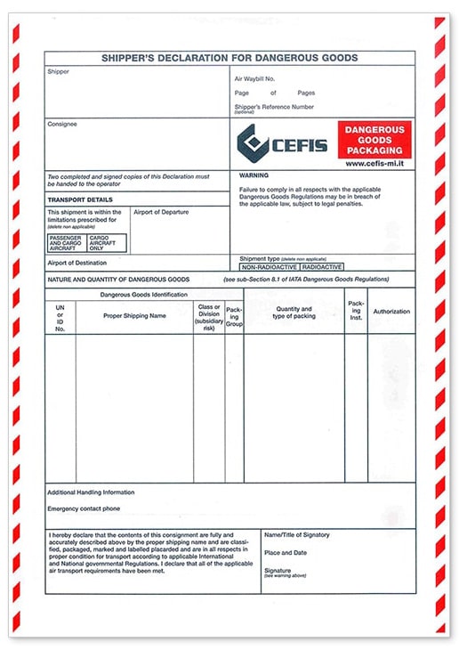 Modulo IATA shipper's declaration da compilare valido fino al 31 dicembre 2024. Puoi anche richiedere il nostro servizio Cefis DG FORMS di compilazione della Shipper's declaration con eventuale firma conto terzi