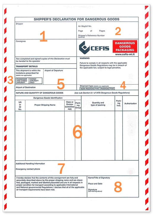 Modulo IATA Shipper's declaration: legenda dei campi per la compilazione della Shipper's. Puoi anche rivolgerti al nostro servizio Cefis DG Forms di compilazione e firma della Shipper's e del Multimodal