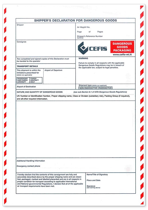 Modulo IATA shipper's declaration nuova versione da compilare. Puoi anche richiedere il nostro servizio Cefis DG FORMS di compilazione della Shipper's declaration con eventuale firma conto terzi